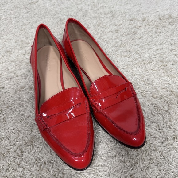 J Crew Ryan Poppy Red Patent Leather Pointy Penny Loafers Womens 7.5 Tomato Girl - Picture 4 of 12